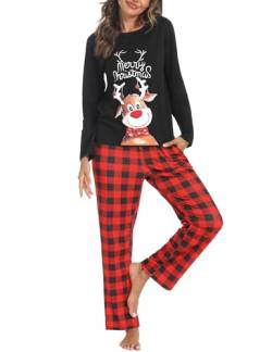 iClosam Damen Pyjama Set Schlafanzug Lang Winter Baumwolle Zweiteilige Nachtwäsche Hausanzug Sleepwear Langarm mit Karierte Hose mit Bündchen am Taille von iClosam