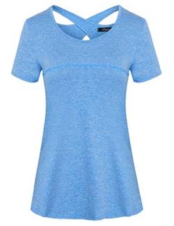 iClosam Damen Sport T-Shirt Running Fitness Laufshirt Kleidung Yoga Top Funktionsshirt Sportshirt Kurzarm Atmungsaktiv (B-Himmelblau, S) von iClosam