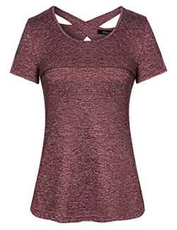 iClosam Damen Sport T-Shirt Running Fitness Laufshirt Kleidung Yoga Top Funktionsshirt Sportshirt Kurzarm Atmungsaktiv (B-Winerot, XL) von iClosam