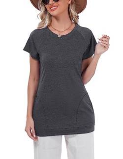 iClosam - Damen-T-Shirt mit Rundhalsausschnitt, Loose-Fit-Top, mit Seitentaschen, S-XXL, Grau Large von iClosam
