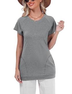 iClosam - Damen-T-Shirt mit Rundhalsausschnitt, Loose-Fit-Top, mit Seitentaschen, S-XXL, Grau Small von iClosam