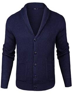 iClosam Herren Strickjacke Mit Schalkragen Pullover V Ausschnitt Strick Langarm Revers Hals Strickmantel mit Taschen, Blau, XL von iClosam