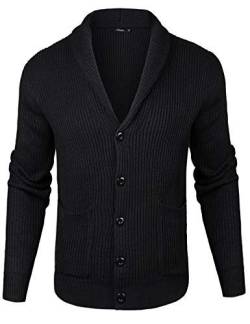 iClosam Herren Strickjacke Mit Schalkragen Pullover V Ausschnitt Strick Langarm Revers Hals Strickmantel mit Taschen, Schwarz, L von iClosam