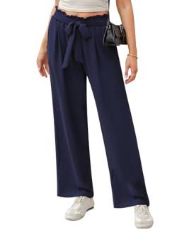 iClosam Hose Damen Weites Bein Locker Weite Hose Damen High Waist Sommerhose Damen Leicht Plissee Hose Damen Anzughose Damen Weites Bein Damenhose mit Weitem Bein Navy blau-XXL von iClosam