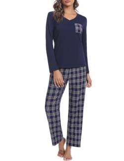 iClosam Pyjama Damen Lang Schlafanzug Set Winter Baumwolle V-Ausschnitt Zweiteiliger Pyjamas Langarm Sleepwear und Karierte Pyjamahose Hausanzug Freizeitanzug von iClosam