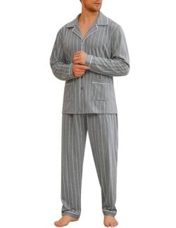 iClosam Pyjama Herren Lang Baumwolle Schlafanzug Zweiteiliger Gestreift Schlafanzüge Langarm mit Knöpfen Nachtwäsche Set V-Ausschnitt Männer Hausanzug Freizeitanzug S von iClosam