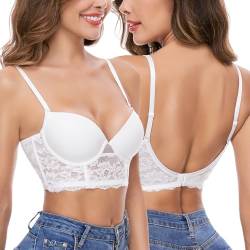 iClosam Rückenfreier BH Damen Push Up Spitzen BH mit Bügel BHS mit U-förmiger Niedrigem Rücken für Frauen Bralette V-Ausschnitt Invisible Körbchen-BH Abnehmbar Träger von iClosam