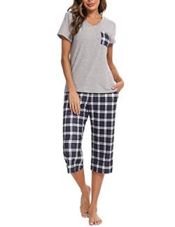 iClosam Schlafanzug Damen Kurz Pyjama Kurzarm Baumwolle Frauen V-Ausschnitt Nachtwäsche Set Zweiteiliger Top Kurzarm und 3/4 Lang Karierte Pyjamahose Loungewear Freizeitanzug für Sommer von iClosam