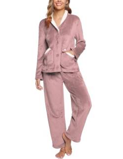 iClosam Schlafanzug Damen Lang Flanell Pyjama Winter Warme Fleece Nachtwäsche Zweiteiliger mit Knöpfen Einfarbiger V-Ausschnitt Pyjamas Set Loungewear Freizeitanzug von iClosam