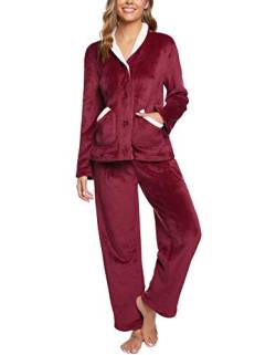 iClosam Schlafanzug Damen Lang Flanell Pyjama Winter Warme Fleece Nachtwäsche Zweiteiliger mit Knöpfen Einfarbiger V-Ausschnitt Pyjamas Set Loungewear Freizeitanzug von iClosam