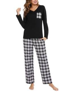 iClosam Schlafanzug Damen Lang Pyjama Set Winter Baumwolle V-Ausschnitt Zweiteiliger Nachtwäsche Langarm Sleepwear und Karierte Pyjamahose Loungewear Freizeitanzug von iClosam