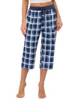 iClosam Schlafanzughose Damen 3/4 Lang Pyjamahose Kariert Baumwolle Nachtwäsche Hose für Frauen Freizeithose Karierte Loungehose Schlafhose mit Taschen und Kordelzug S-XXL von iClosam