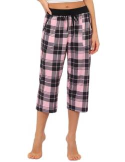 iClosam Schlafanzughose Damen 3/4 Lang Pyjamahose Kariert Baumwolle Nachtwäsche Hose für Frauen Freizeithose Karierte Loungehose Schlafhose mit Taschen und Kordelzug S-XXL von iClosam