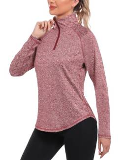 iClosam Sportshirt Damen Langarm 1/4 Reißverschluss Sport Shirt Damen Fitness Sport Langarmshirt Damen Stehkragen Funktionsshirt Damen Schnelltrocknend für Gym Yoga Wandern Rosa-XXL von iClosam