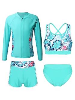 iEFiEL 3 Stück Mädchen Bikini Sets mit Blumendruck Badeanzug Rückenfrei Top Bikinihose Shorts Hawaii Bademode Badebekleidung gr. 98-176 Zb Hellgrün 146-152 von iEFiEL