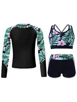 iEFiEL 3 Stück Mädchen Bikini Sets mit Blumendruck Badeanzug Rückenfrei Top Bikinihose Shorts Hawaii Bademode Badebekleidung gr. 98-176 Ze Lilie 170-176 von iEFiEL