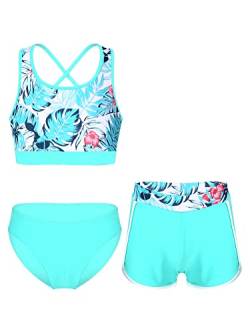 iEFiEL 3er Set Mädchen Bikini mit Blumendruck Badeanzug Rückenfrei Top und Bikinihose Kurz Shorts Hawaii Bademode Badebekleidung gr. 98-176 Grün Palmblatt 122-128 von iEFiEL