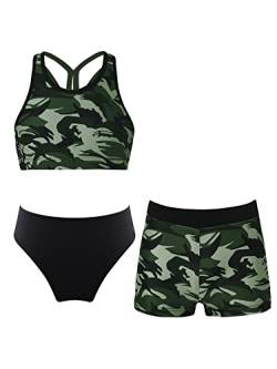 iEFiEL 3er Set Mädchen Bikini mit Blumendruck Badeanzug Rückenfrei Top und Bikinihose Kurz Shorts Hawaii Bademode Badebekleidung gr. 98-176 X Tarngrün 158-164 von iEFiEL