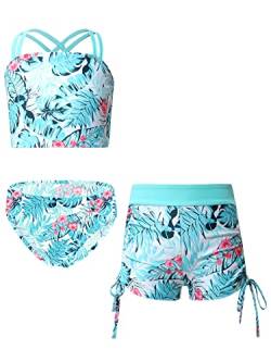 iEFiEL 3er Set Mädchen Bikini mit Blumendruck Badeanzug Rückenfrei Top und Bikinihose Kurz Shorts Hawaii Bademode Badebekleidung gr. 98-176 Xb Blatt 146-152 von iEFiEL