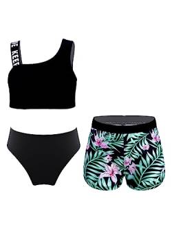 iEFiEL 3er Set Mädchen Bikini mit Blumendruck Badeanzug Rückenfrei Top und Bikinihose Kurz Shorts Hawaii Bademode Badebekleidung gr. 98-176 Xb Grün 134-140 von iEFiEL