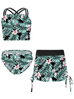 iEFiEL 3er Set Mädchen Bikini mit Blumendruck Badeanzug Rückenfrei Top und Bikinihose Kurz Shorts Hawaii Bademode Badebekleidung gr. 98-176 Xb Lilie 134-140 von iEFiEL