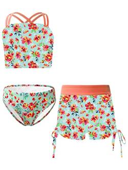 iEFiEL 3er Set Mädchen Bikini mit Blumendruck Badeanzug Rückenfrei Top und Bikinihose Kurz Shorts Hawaii Bademode Badebekleidung gr. 98-176 Xb Orange 122-128 von iEFiEL