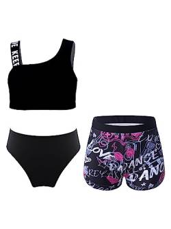 iEFiEL 3er Set Mädchen Bikini mit Blumendruck Badeanzug Rückenfrei Top und Bikinihose Kurz Shorts Hawaii Bademode Badebekleidung gr. 98-176 Xb Schwarz 158-164 von iEFiEL