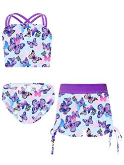 iEFiEL 3er Set Mädchen Bikini mit Blumendruck Badeanzug Rückenfrei Top und Bikinihose Kurz Shorts Hawaii Bademode Badebekleidung gr. 98-176 Xb Violett 146-152 von iEFiEL