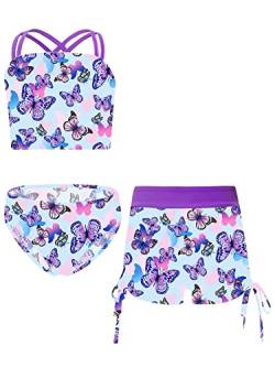 iEFiEL 3er Set Mädchen Bikini mit Blumendruck Badeanzug Rückenfrei Top und Bikinihose Kurz Shorts Hawaii Bademode Badebekleidung gr. 98-176 Xb Violett 158-164 von iEFiEL