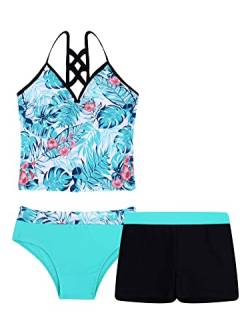 iEFiEL 3tlg. Mädchen Tankini Set Spaghetti-Träger Tops + Schlüpfer + Badeshorts Bikini Sets Blumen Druck Badeanzug Bade Bekleidung Strandmode Grün 158-164 von iEFiEL