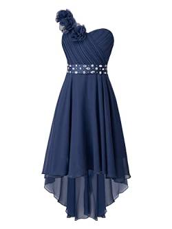 iEFiEL Blumenmädchen Kleid Mädchen Festlich Hochzeit mit EIN-Schulter Brautjungfern Kleider lang Elegante Abendkleid Festkleid Festzug X Navy Blau mit Strass 140 von iEFiEL