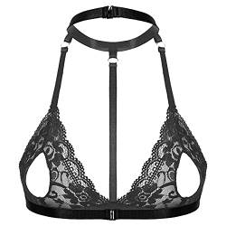 iEFiEL Damen BH Bustier Brustfrei aus Spitze Bralett sexy Tiefer V-Ausschnitt Tops Bikini Oberteil Reizwäsche Dessous Schwarz+Neckholder L von iEFiEL