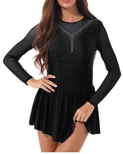 iEFiEL Damen Ballettkleid Langarm mit Kristallen Mesh Glitzer Eiskunstlauf Kleider Rückenfrei Gymnastik Leotard Turnanzug Tanzkleidung Schwarz M von iEFiEL