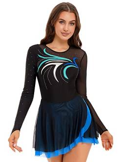 iEFiEL Damen Ballettkleid Langarm mit Kristallen Mesh Glitzer Eiskunstlauf Kleider Rückenfrei Gymnastik Leotard Turnanzug Tanzkleidung Zc Blau Grün XXL von iEFiEL