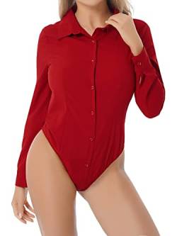 iEFiEL Damen Body Langarm Hemd-Body V-Ausschnitt Bluse Business Bodybluse Hemdbluse Stringbody Unterwäsche X Weinrot M von iEFiEL