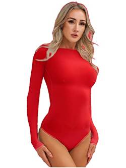 iEFiEL Damen Body Transparent Stringbody Eng Stretch Bodysuit Glossy Catsuit Erotische Dessous Reizwäsche Langarm Unterhemd Rot Offener Schritt Einheitsgröße von iEFiEL