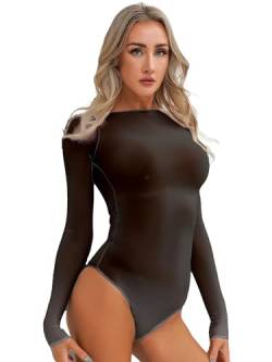 iEFiEL Damen Body Transparent Stringbody Eng Stretch Bodysuit Glossy Catsuit Erotische Dessous Reizwäsche Langarm Unterhemd Schwarz Offener Schritt Einheitsgröße von iEFiEL