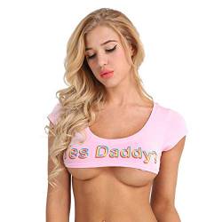 iEFiEL Damen Crop Tops Sexy Bauchfrei T-Shirt Kurzarm Mini Oberteil Baumwolle Damen Milkmaid Bluse Melkerin Tops Clubwear Rosa (Slogan) One Size von iEFiEL