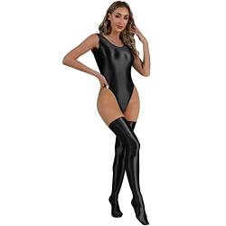 iEFiEL Damen Glänzende Body Einteiler High Cut Bodysuit U-Ausschnitt Catsuit mit Strümpfe Ärmellose Stringbody Schwarz M von iEFiEL