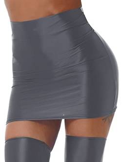 iEFiEL Damen Glänzende Minirock Eng Stretch Öl Röcke Kurze Rock Einfarbig Bleistiftröcke High Waist Partykleid Tanz Partyrock Grau L von iEFiEL