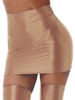 iEFiEL Damen Glänzende Minirock Eng Stretch Öl Röcke Kurze Rock Einfarbig Bleistiftröcke High Waist Partykleid Tanz Partyrock Kaffee L von iEFiEL