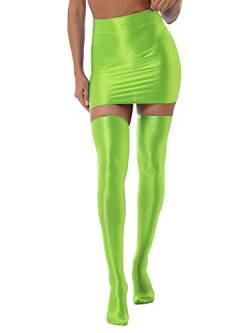 iEFiEL Damen Glänzende Minirock Eng Stretch Öl Röcke Kurze Rock Einfarbig Bleistiftröcke High Waist Partykleid Tanz Partyrock W Fluoreszierendes Grün mit Strümpfe M von iEFiEL