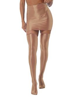 iEFiEL Damen Glänzende Minirock Eng Stretch Öl Röcke Kurze Rock Einfarbig Bleistiftröcke High Waist Partykleid Tanz Partyrock W Kaffee mit Strümpfe M von iEFiEL