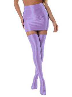 iEFiEL Damen Glänzende Minirock Eng Stretch Öl Röcke Kurze Rock Einfarbig Bleistiftröcke High Waist Partykleid Tanz Partyrock W Violett mit Strümpfe M von iEFiEL