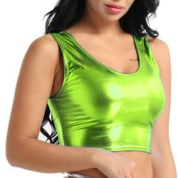 iEFiEL Damen Glänzende Tops Wetlook T-Shirt Bauchfrei Oberteile Gogo Clubwear Leder-Optik Tank Top Weste Sport Bustier Unterhemd Fluorescent Grün Einheitsgröße von iEFiEL