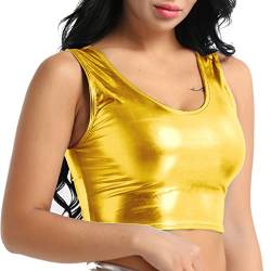 iEFiEL Damen Glänzende Tops Wetlook T-Shirt Bauchfrei Oberteile Gogo Clubwear Leder-Optik Tank Top Weste Sport Bustier Unterhemd Gold Einheitsgröße von iEFiEL