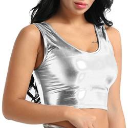 iEFiEL Damen Glänzende Tops Wetlook T-Shirt Bauchfrei Oberteile Gogo Clubwear Leder-Optik Tank Top Weste Sport Bustier Unterhemd Silber Einheitsgröße von iEFiEL