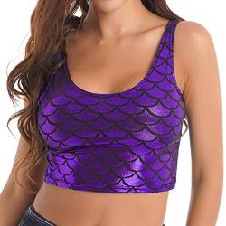 iEFiEL Damen Glänzende Tops Wetlook T-Shirt Bauchfrei Oberteile Gogo Clubwear Leder-Optik Tank Top Weste Sport Bustier Unterhemd Violett Meerjungfrau Einheitsgröße von iEFiEL