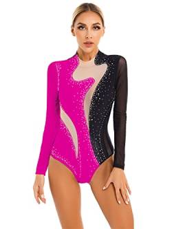 iEFiEL Damen Glitzer Ballettanzug Langarm Turnanzug Patchwork Body mit Strass Ballett Trikot Tanz-Body Gymnastikanzug B Schwarz + Rose XXL von iEFiEL