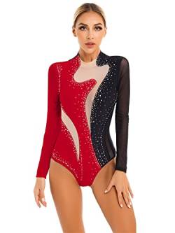 iEFiEL Damen Glitzer Ballettanzug Langarm Turnanzug Patchwork Body mit Strass Ballett Trikot Tanz-Body Gymnastikanzug B Schwarz + Rot M von iEFiEL